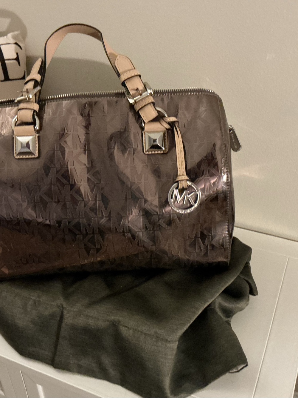 Michael Kors Brown Patent Logo Duffel Bag with Tan Handles
